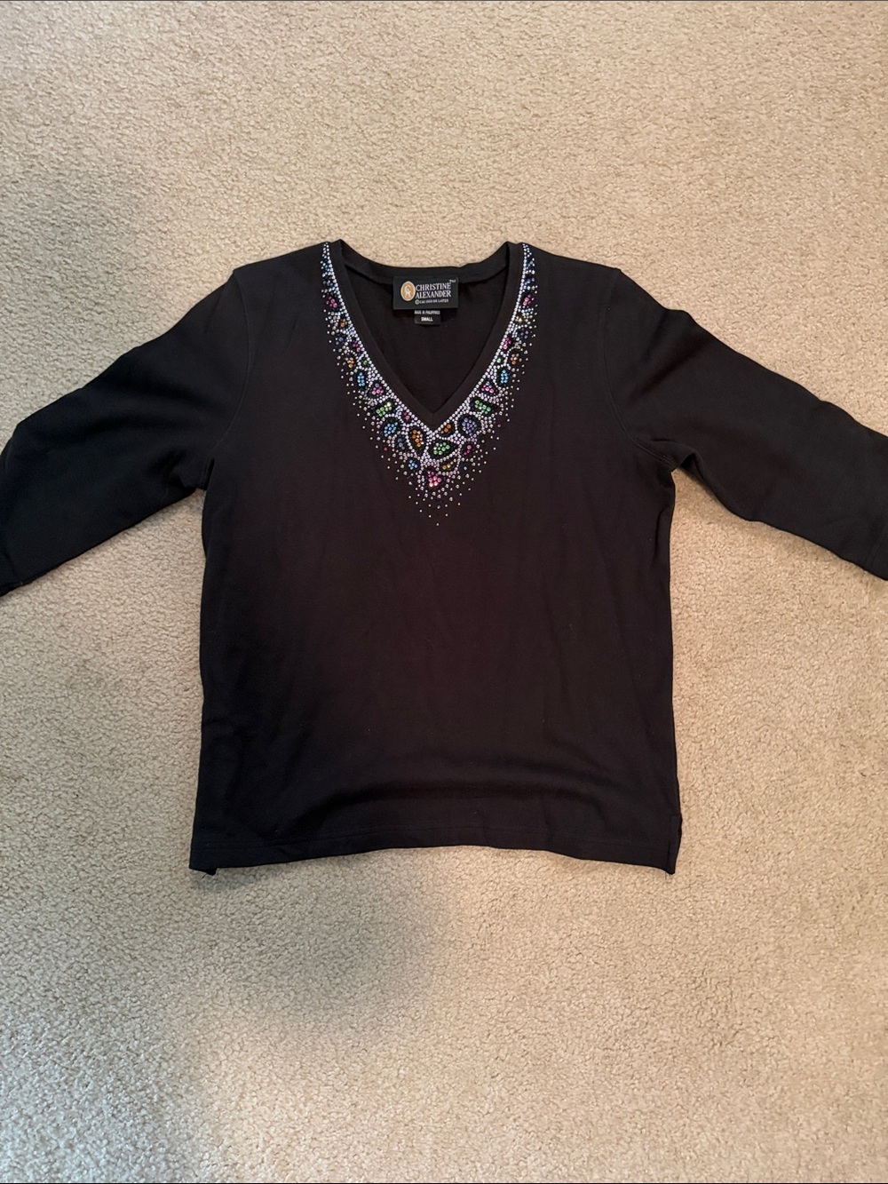 Christine Alexander Black V-Neck Top with Multicolor Jewels and 3/4 Sleeves S